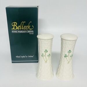 Belleek‎ Pottery Ireland Shamrock Basket Weave 6" tall Salt & Pepper Shaker Box